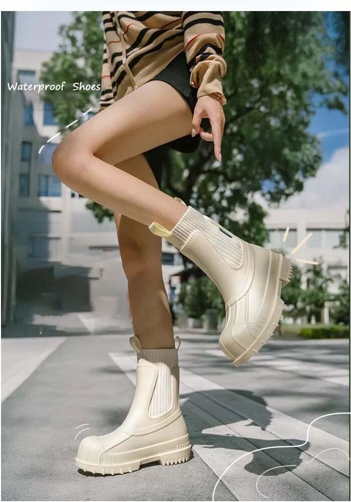 INF Englischer Stil Damen Wasserdichte Regenstiefel aus PVC mit elastischem Strickbund, modische kurze Gummistiefel, kompatibel Weiß 40