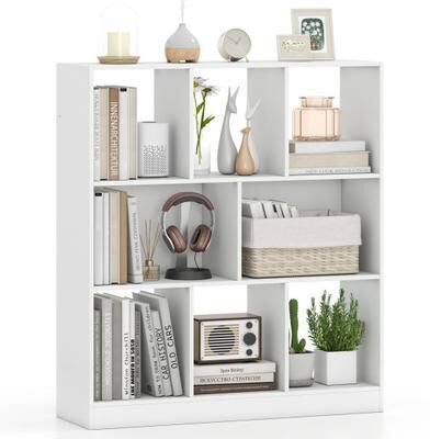 Costway 8-Cube Bookcase 3-Tier with 2-Sized Compartments and Anti-Tip Kits for Living Room-White