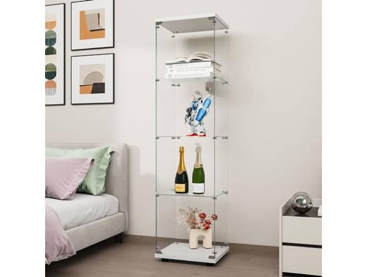 FANYUSHOW Glasvitrine Standvitrine in Weiß, Modern Glas Holz Vitrine Sammlervitrine Vitrinenschrank mit 4 Böden aus ESG für Sammlerstücke Bücher Wein, für Büro Wohnzimmer Küche, 164x42.5x36.5cm