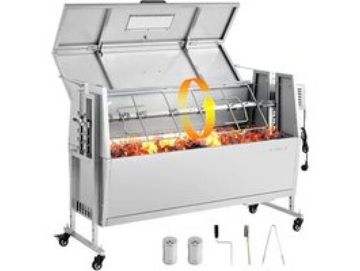 VEVOR Lammgrill 38 W 60 kg 1168,4 mm Drehspieß Spanferkelgrill Edelstahl für Garten und Terrasse, 4 Höhenstufen, Feststellbare Räder, mit Grillzange Faltbarem Deckelschutz Bürsten und Gewürzbehälter