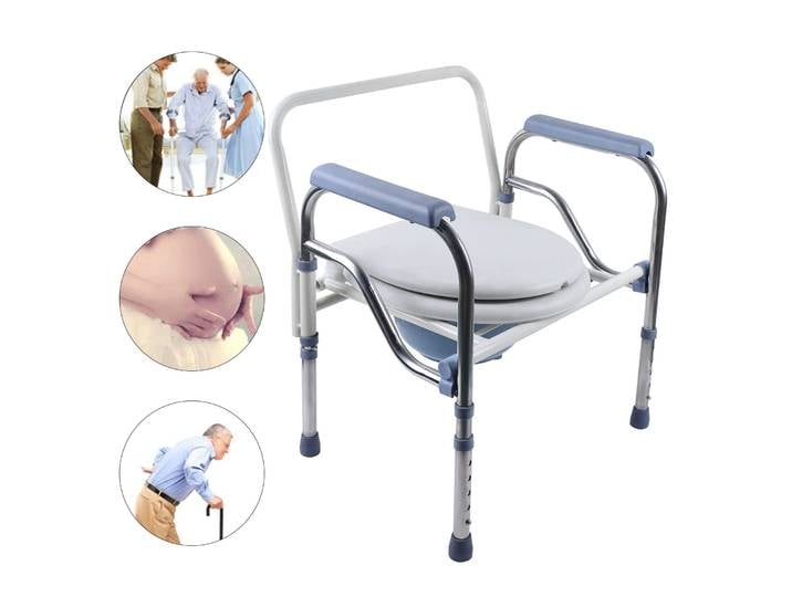 Chaise de toilette pliable réglable en hauteur en acier inoxydable avec couvercle de seau et accoudoirs pour personnes âgées ou handicapées