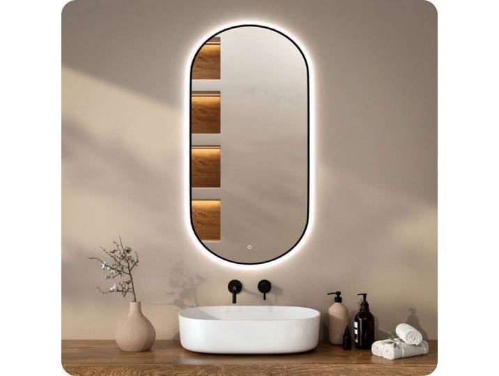 Mirlux Miroir de salle de bain Mirlux 120x60 cm - Anti-buée - avec LED - Ovale - Rétroéclairage - Cadre Noir - Essentials