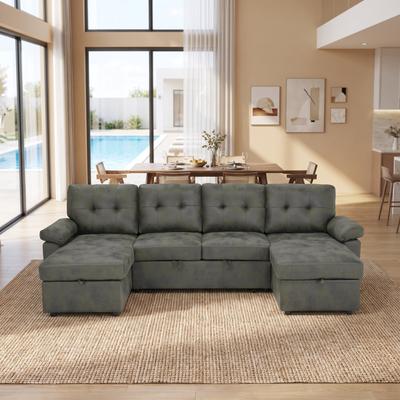 "GDFStudio - 112"" Wooden & Polyester Convertible Sectional Sofa Bed with Dual Storage Chaises & Padded Armrests"