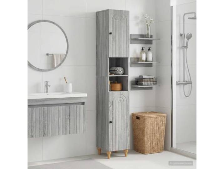Badezimmerschrank mit offenem Regal ALKMAAR Sonoma-Grau Holzwerkstoff Mehrere Regale, feuchtigkeitsresistent, umkehrbare Tür, schlankes Profil, einfache Reinigung
