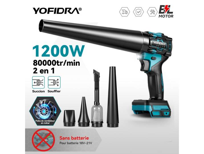 YOFIDRA 1200W 2IN1 ventilateur d'air électrique sans brosse et aspiration sans fil Turbo ventilateur feuille neige poussière outil de nettoyage pour Makita batterie broche