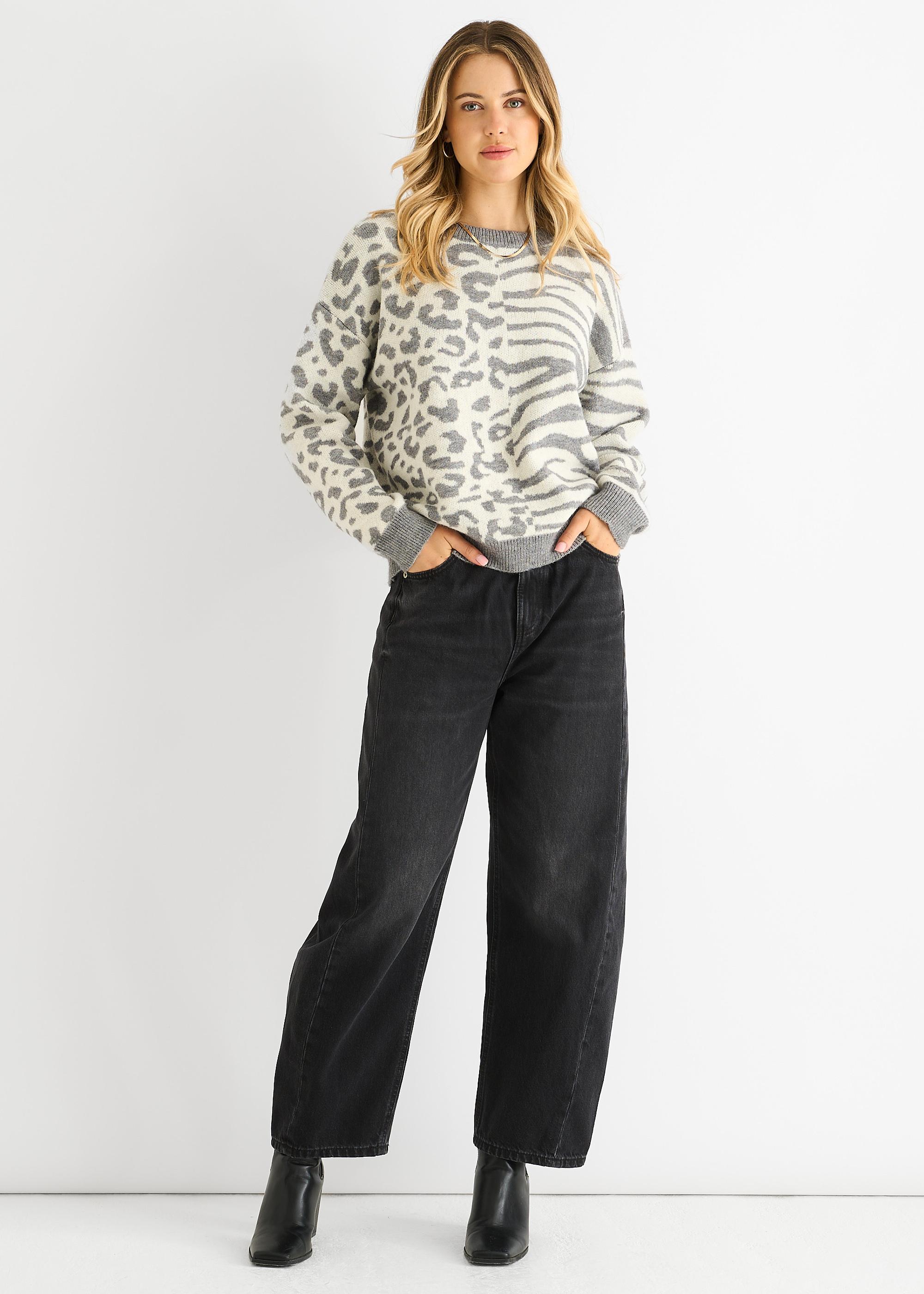 Grau Kontrast Zebra Tier Strickpullover