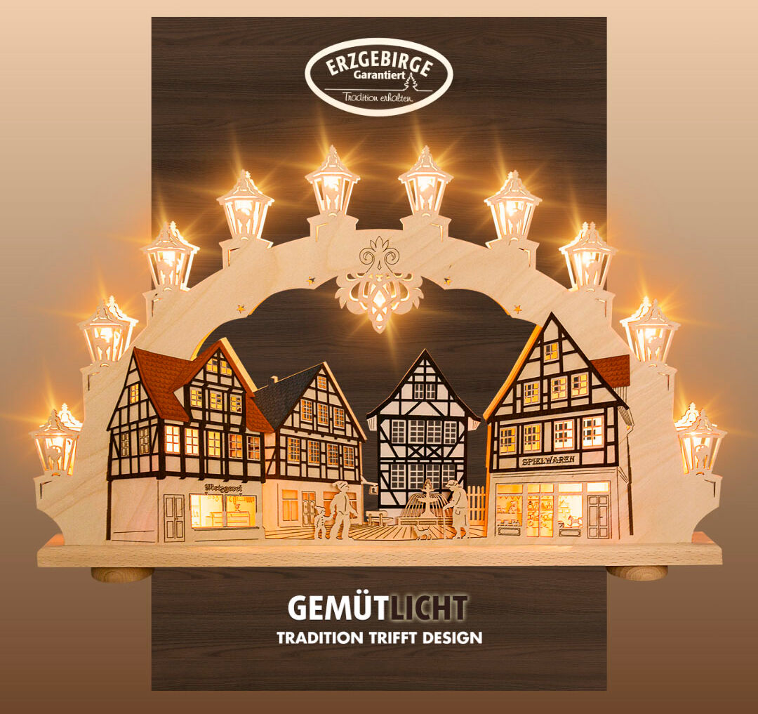 Schwibbogen WEIGLA "Altstadt, Fachwerkhaus, Lichterbogen aus Holz, Made in Germany", beige (natur, braun), B:66cm H:41cm T:6cm, Holzwerkstoff, Schwibbögen, Schwibbogen, Erzgebirge garantiert, Weihnachtsdeko Innen, Weihnachtsbeleuchtung