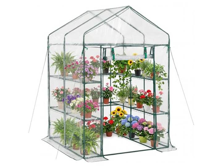 VEVOR Serre de Jardin avec 10 Étagères 2 Niveaux Serre de Jardin pour Plantes et Fleurs en Pot\, avec Bâche Transparente PVC\, Porte Zippée Enroulable\, Capacité Charge par Niveau 15 kg\, 137x137x196 cm