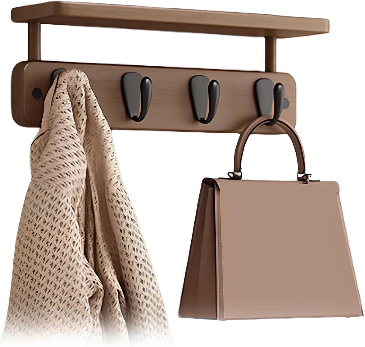 Wandkapstok met plank en haken in bruin met massief houten plank