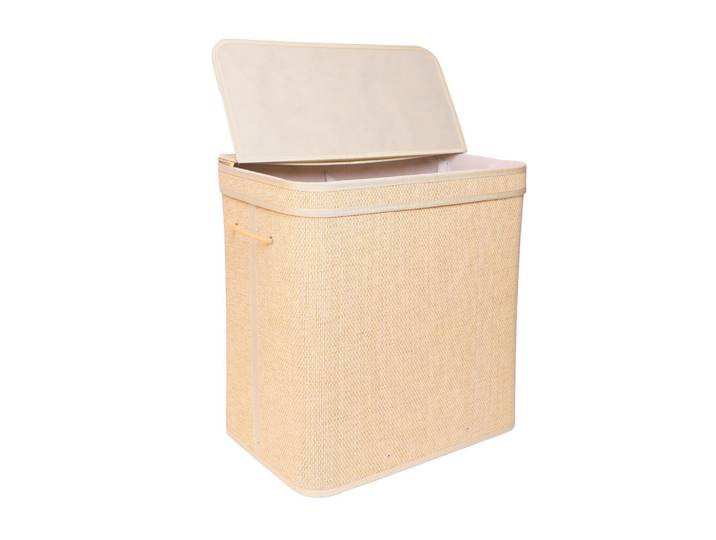 Relaxdays Wäschekorb Natur Bambus mit Deckel, Hellbraun, Holz, Textil, Holzwerkstoff, 58x61x39 cm, Badaccessoires