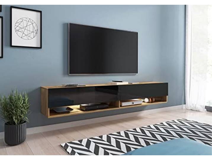 MINIO go for it - Lowboard TV-Schrank 100x30x33cm, Türen und Regalen LED Offene Nischen Laminierte Spannplatte Praktisch und Funktionell Wotan Eiche und Schwarz Hochglanz