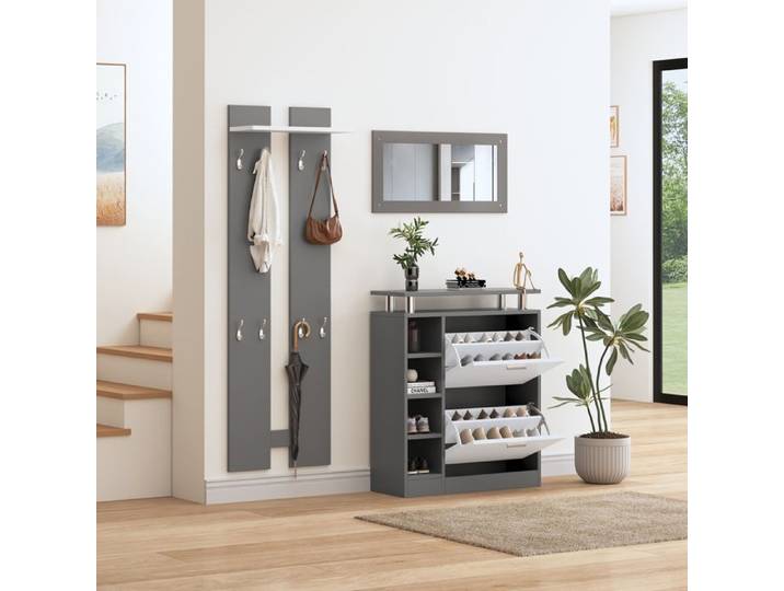 Meuble à chaussures 80x25x96.5 cm avec miroir 2 panneaux muraux étagère gris panneaux de particules