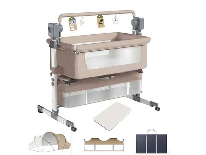 Aveainelle Babybett und Multifunktionales Kinderbett, Faltbare und Umwandelbare Babywiege, Verstellbare Beistellbett, Co-Sleeping Babybett und Rollen (Beige)