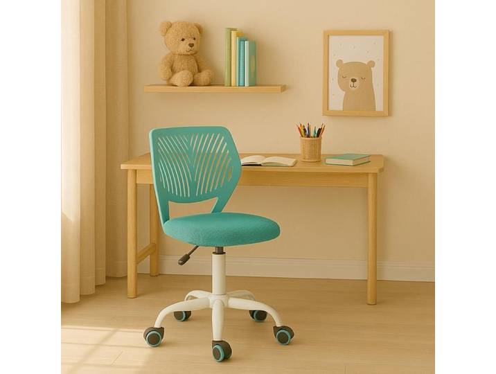 URBAN MEUBLE Chaise de bureau enfant réglable - Dossier ajouré vert lagon - Assise rembourrée - Pivotante à roulettes