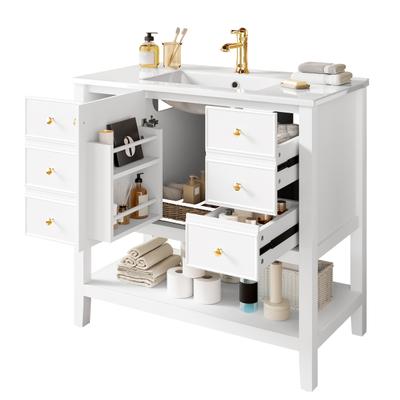 Merax Waschtischunterschrank 91 x 46.5 x 89 cm mit Keramikwaschbecken, 4 Schubladen, Türfach und offenem Ablagefach, Weiß