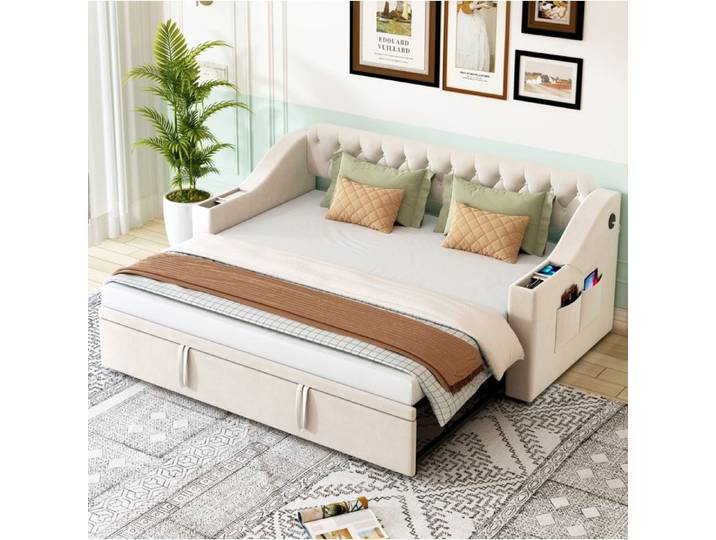 Canapé-lit multifonction beige velours 90x190 convertible en lit 180x190