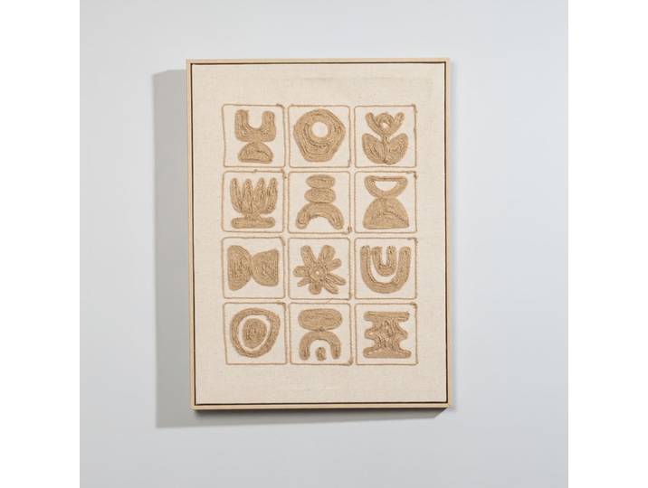 Beigefarbene Leinenleinwand mit brauner abstrakter Stickerei, 45 x 60 cm