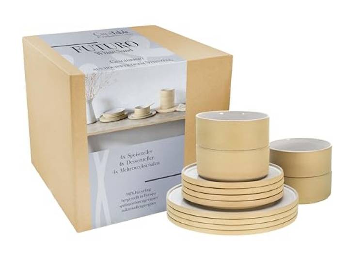 CreaTable\, 21531\, Série Futuro White Sand\, service de vaisselle 12 pièces\, ensemble d'assiettes en grès.