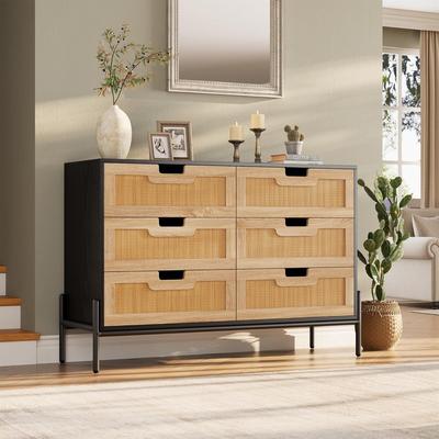Yun Natural Rattan 6 Drawer Dresser Boho Dresser with Chest of Drawers Modern Storage Cabinet