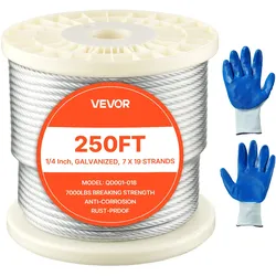 VEVOR Drahtseil φ6,35mm 76,2 m Länge, verzinktes Kohlenstoffstahlseil, 31,1 kN Bruchfestigkeit, 7x19 Litzen, Geländerseil für Terrassengeländer, Gartenspaliere, inkl. Handschuhe