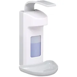 Relaxdays Desinfektionsspender, mit Tropfschale, Hygiene Wandspender Händedesinfektion, Armhebelspender für 500 ml, weiß