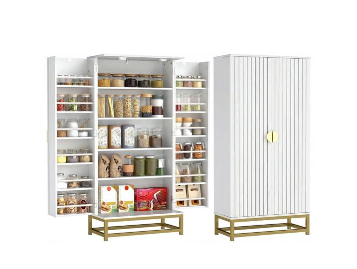 ComfortXL Mehrzweckschrank De-11337 5 Böden & 12 Türregale Weiß, 29x119.5x58 cm, Waschküche, Mehrzweckschränke