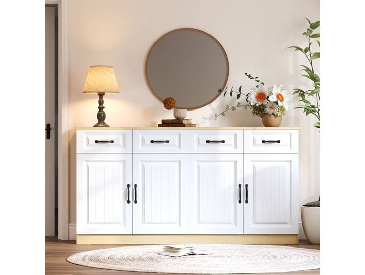 Buffet 160cm Blanc Bois Naturel 4 Tiroirs 4 Portes Design Texturé