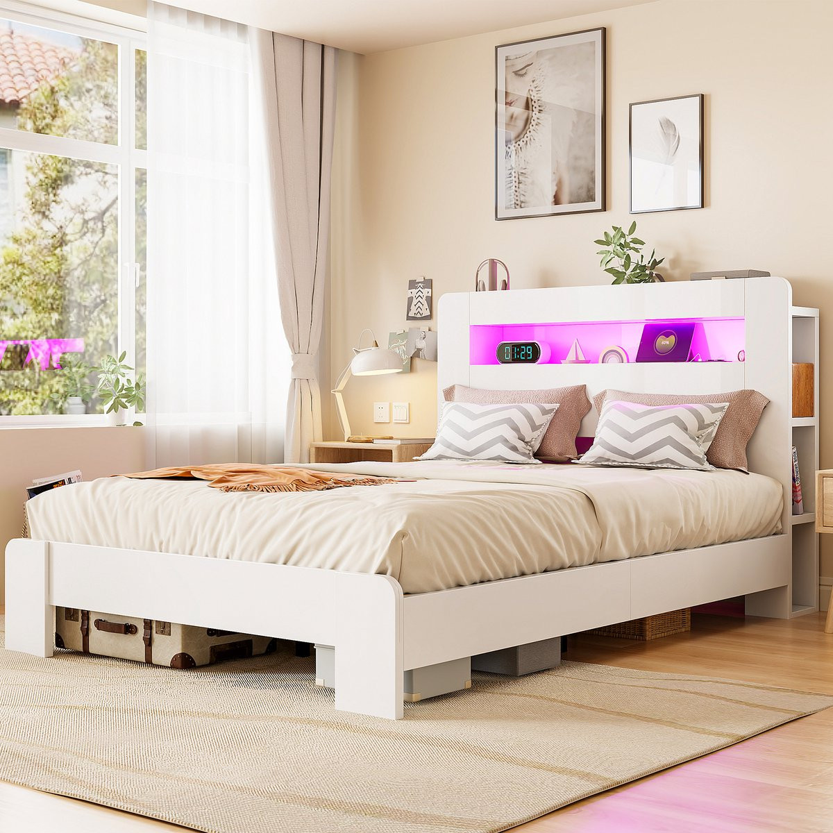 MIVRAY Houten Bed met Opberg Hoofdbord, Led Verlichting en Stopcontacten, Wit, 140 x 200 cm