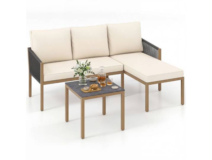 Ensemble Meubles de Jardin en Forme de L COSTWAY Coussins Amovibles Cadre en Métal Salon de Jardin Extérieur d'Angle pour Balcon