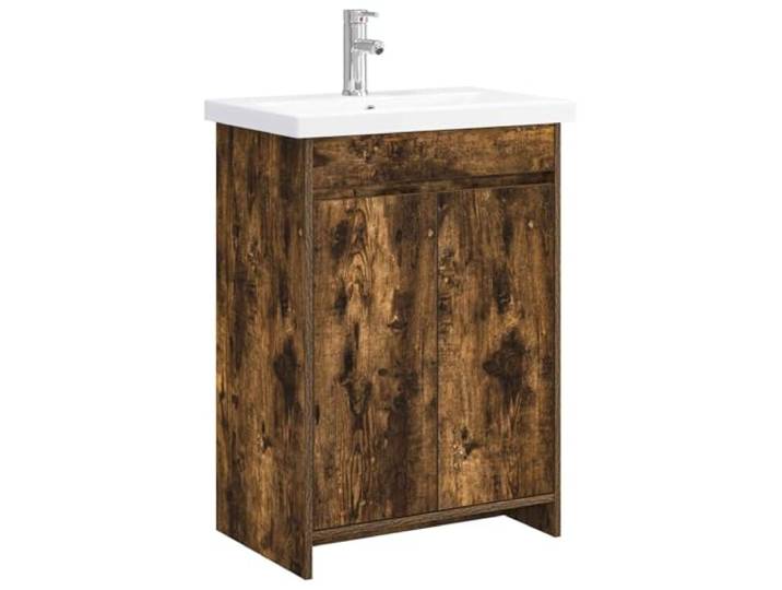hliofuir Badezimmermöbel Set mit Waschbecken Geräucherte Eiche 81x40x84,5cm Praktische Waschtischkombination für Ihr Badezimmer: Inklusive Armatur, Fachböden und Fach hinter Drehtüren für Ordnung.