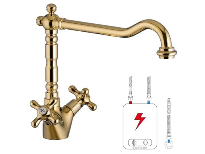 PaulGurkes Niederdruck Retro Küchenarmatur Wasserhahn Spültischarmatur Messing Antik Gold Hochglanz Schwanenhals Kreuzgriffe