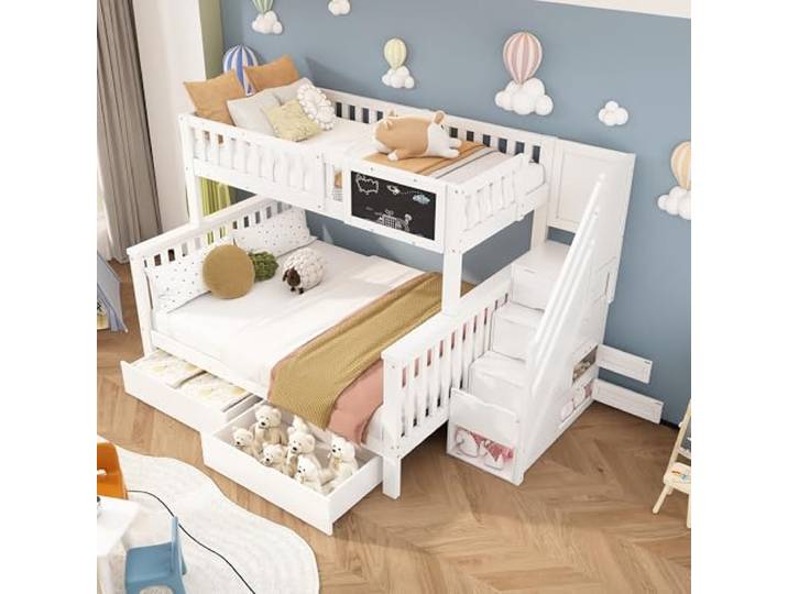 KUAKE Kinder-Etagenbett, Doppelbett90x200-140x200 cm, multifunktionales Kinderbett, mit Tafel und Schubladen, Jugendhochbett, ohne Matratze (Weiß)