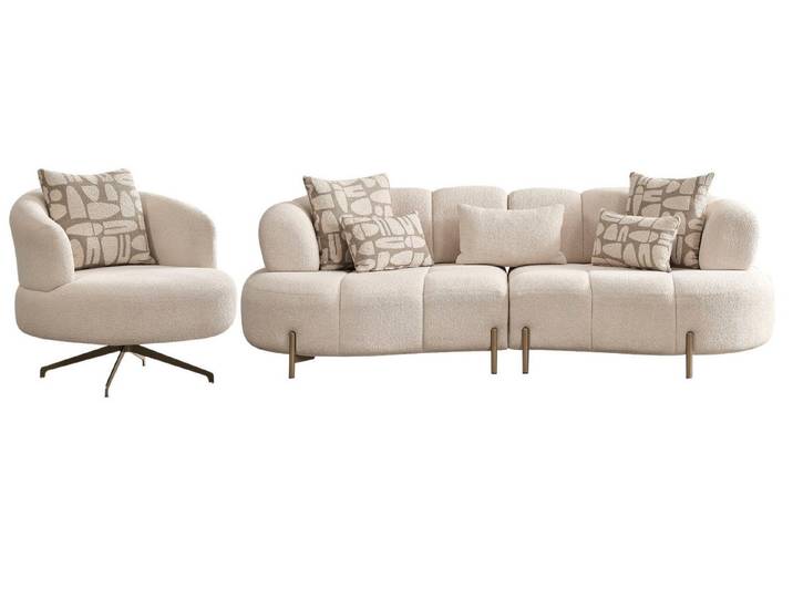 Villa Möbel Polstergarnitur Vega, (Sofa Set, 3-Sitzer + Sessel), Boucléstoff Creme Antikgold Füße Ruhiges Design Weicher Komfort