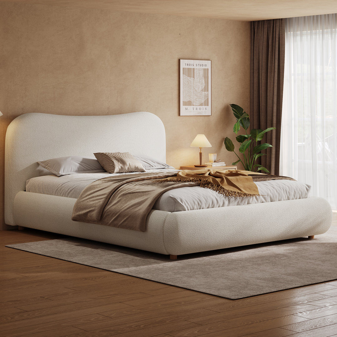 Brayden Studio Upholstered Boucle Lift Up Storage Ottoman Bed White Kingsize (5')