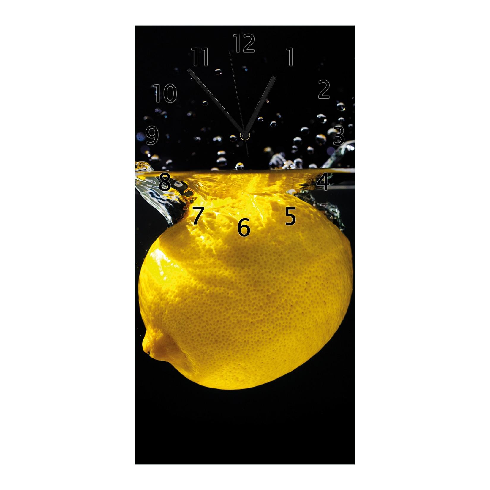 Wallario Uhr 30 x 30 cm, weiße Zeiger Zitrone im Wasser - Frisches Obst für die Küche