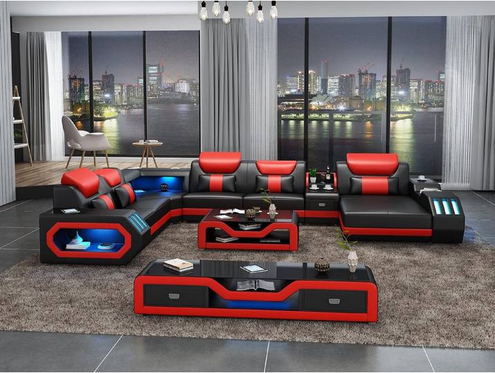 JVmoebel Wohnlandschaft Schwarzes Leder Textil Sofa mit USB-Anschlüssen und Ottomane, Made in Europa
