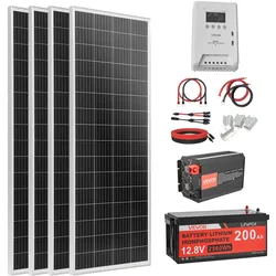 VEVOR 400W Solaranlage Komplettset, Insel Solaranlage Inkl. 4x 100W Mono-Solarpanele 12,8V 200Ah LiFePO4 Stromspeicher 40A MPPT Laderegler & 12V 2000W Wechselrichter, Photovoltaik Inselanlage für Heim