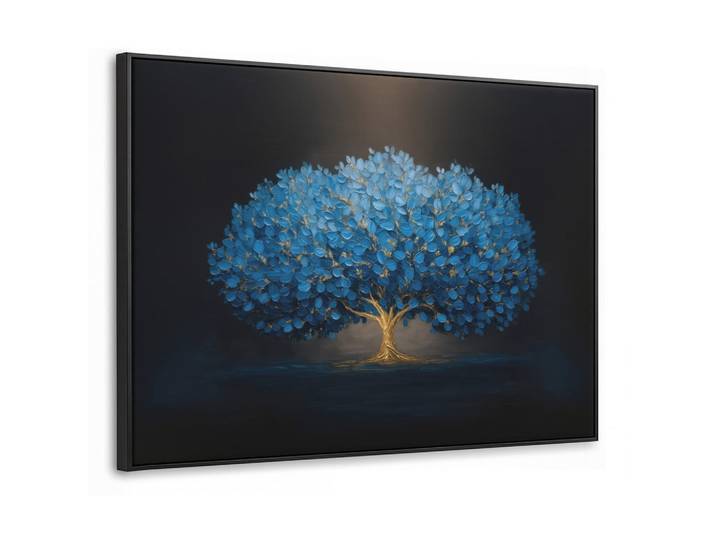 MuchoWow Leinwand Bilder mit Rahmen - Baum - Blau - Blätter - Pinselstriche - 80x60, Rechteckig, 80x60 cm, gerahmt, Bilder & Rahmen, Bilder, Leinwandbilder