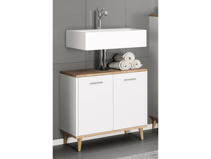 Meuble sous-vasque Landos 60 x 56 x 28cm Blanc/Blanc/Imitation chêne