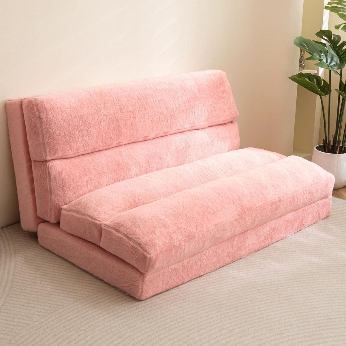 Inklapbare slaapbank en vloermatras voor volwassenen, extra dikke 6-voudige zitzakbed, roze, B/D/H: 100 x 240 cm