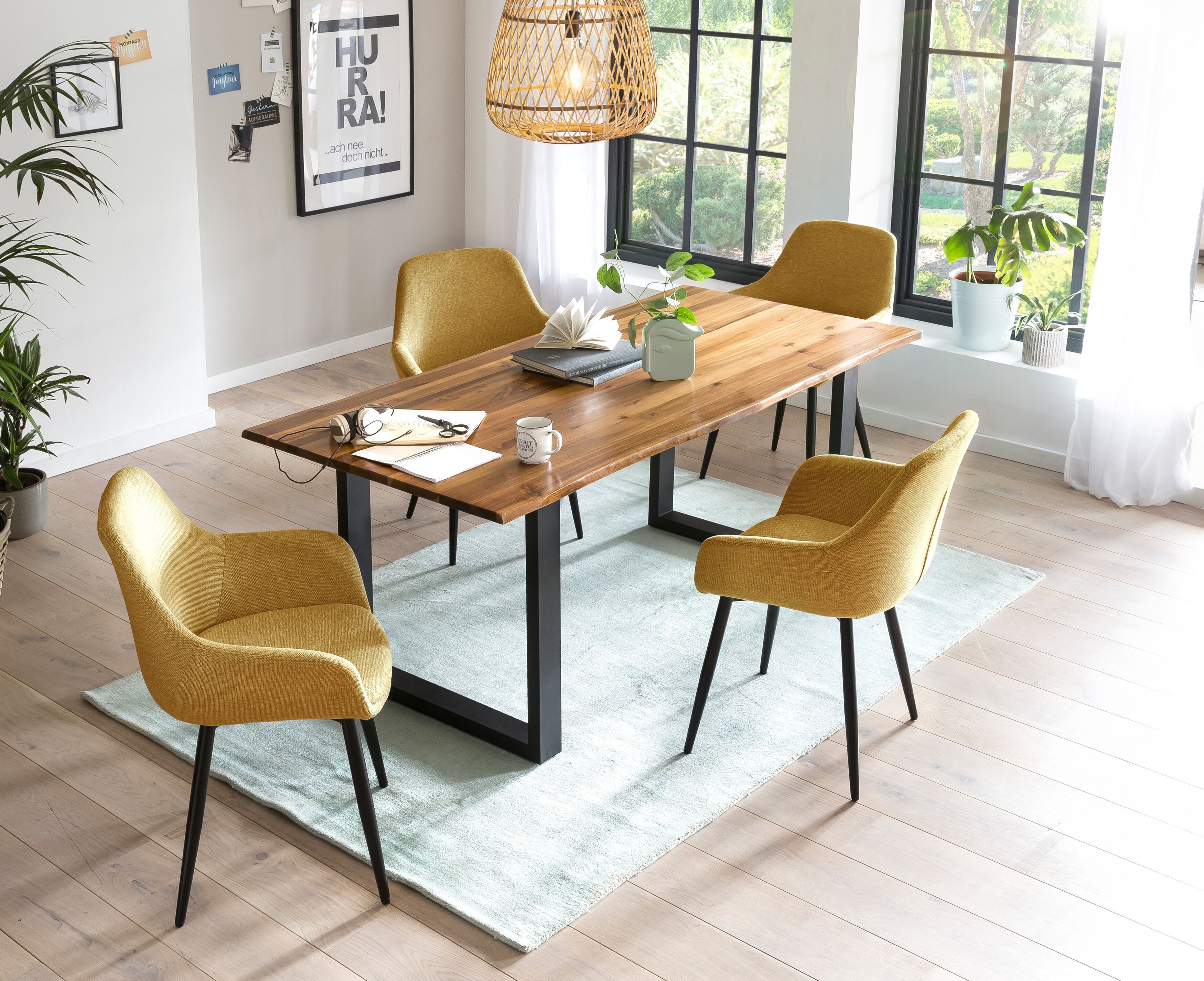 Essgruppe SALESFEVER "- stilvolles Design", gelb (cognac, gelb, schwarz, gelb, schwarz), Strukturstoff, 180,90, Massivholz, Metall, Polyester, Sitzmöbel-Sets, Essgruppe, 5-teiliges Set mit authentischer Baumkanten-Tischplatte cognac, gelb, schwarz, gelb, 