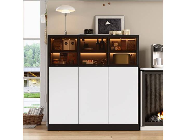 Buffet vitrine 6 portes 3 portes vitrées LED 24 couleurs - MEUNIQ - Salon cuisine salle à manger 100×40×105 cm