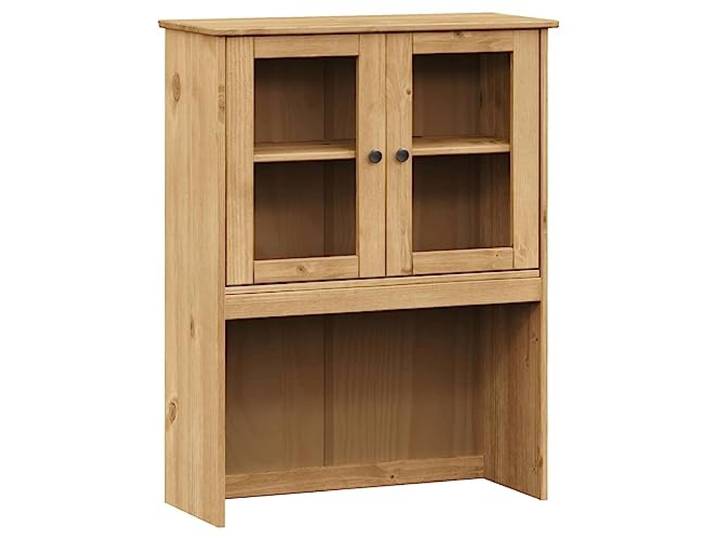 Kaorsrow Sideboard-Aufsatz VIGO Massivholz Kiefer 78x30x100 cm Rustikaler Aufsatzschrank aus Kiefern-Massivholz mit Glastüren und Metallknöpfen für Küche und Esszimmer.