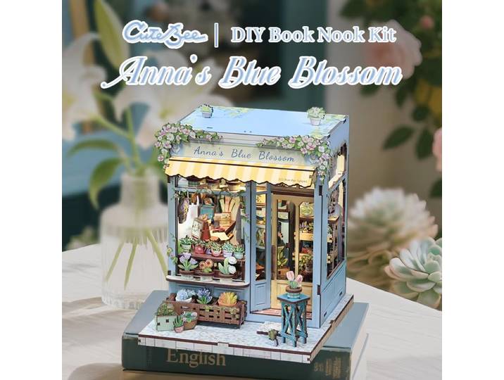 CUTEBBE 3D Puzzle en bois bricolage maison de poupée livre coin Kit avec lumière LED étagère insérer fleur bleue d'anna pour la décoration intérieure