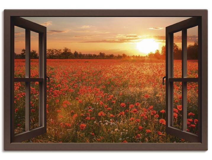 Leinwandbild ARTLAND Fensterblick Mohnblumenfeld - braun , braun (farbe bild(er): braun), B:100cm H:70cm, Bilder, Leinwandbild, auf Holzrahmen gespannt