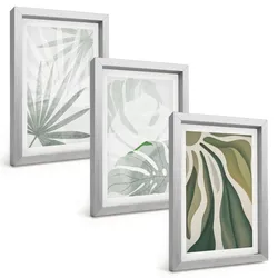 BILDER SET 3er Set - 20x30 cm Silberner Rahmen - Blätter von Pflanzen in Grün und Grau