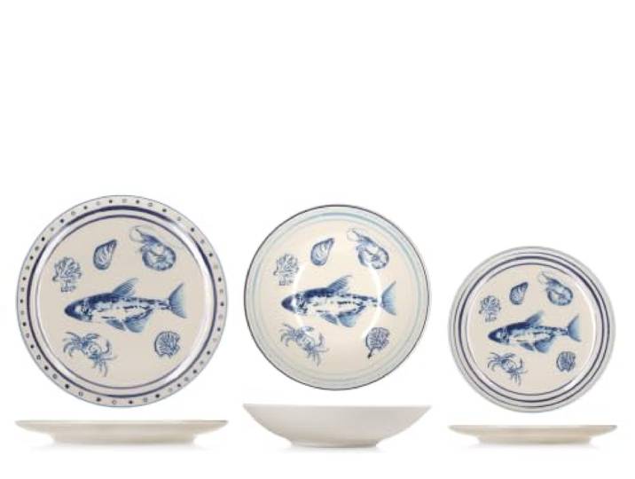 H&H Adriatic Tafelservice 18-teilig aus dekoriertem Stoneware, Komplettes Geschirrset für 6 Personen, Maritimes Design mit Fischen, Krustentieren und blauen Muscheln