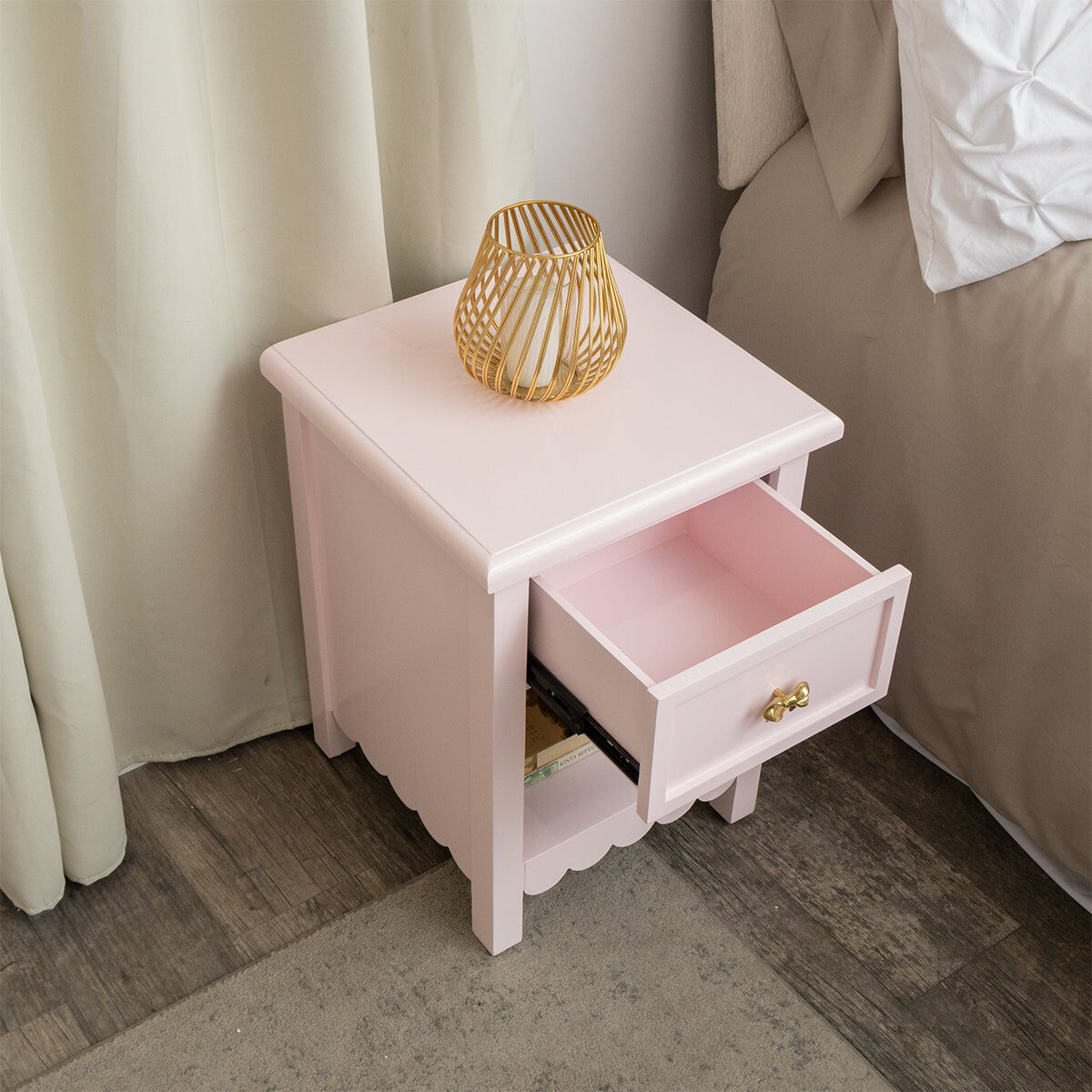 One Drawer Scalloped Bedside Table - Staunton Pink Range Wood, Metal