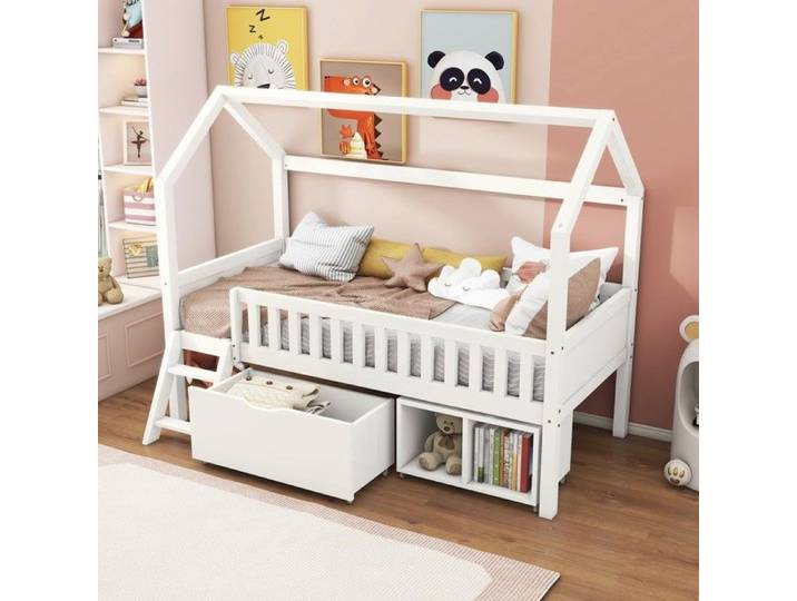 Lit enfant 90x200 blanc avec tiroirs rangement avec garde-corps anti-chute pour garçons et filles