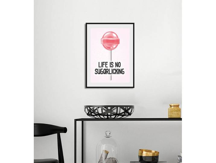 Bild QUEENCE LIFE IS NO SUGARLICKING , rosa (farbe rahmen: schwarz, farbe bild(er): rosa), B:30cm H:40cm, Acrylglas, Holz, Papier, Bilder, Bild, HD Premium Poster-Druck inkl. Holzrahmen